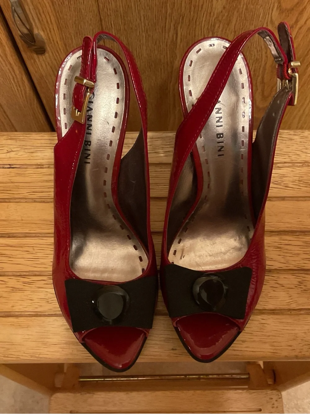 Gianni Bini Red Patent Peep-Toe Slingback Heels with Bow Accent